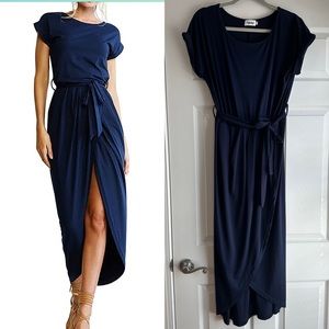 Navy Blue Short Sleeve High Low Maxi Dress with Belt - Large